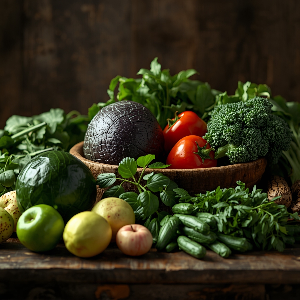 fresh organic green vegetables and fruits on a wooden table, 8k resolution, cinematic lighting --no woman